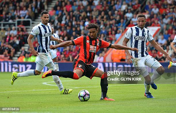 Bournemouth's English midfielder Jordon Ibe attempts a shot on goal during the English Premier League football match between Bournemouth and West...