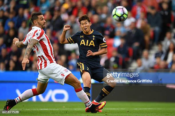 Heung-Min Son of Tottenham Hotspur scores his sides second goal during the Premier League match between Stoke City and Tottenham Hotspur at Britannia...
