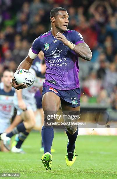 Suliasi Vunivalu of the Storm runs away to score his teams first try during the NRL Qualifying Final match between the Melbourne Storm and the North...