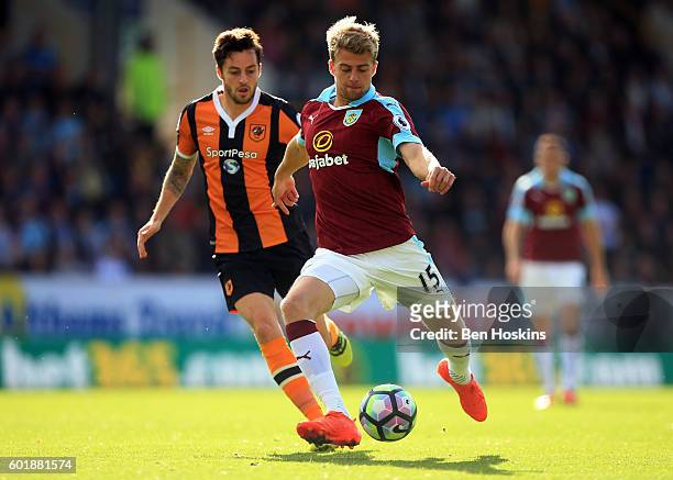 Patrick Bamford of Burnley shoots during the Premier League match between Burnley and Hull City at Turf Moor on September 10, 2016 in Burnley,...