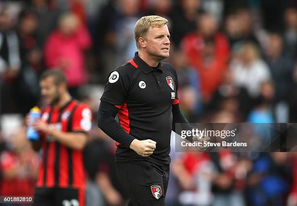 Eddie Howe, Manager of AFC Bournemouth celebrates his side win after the game during the Premier League match between AFC Bournemouth and West...