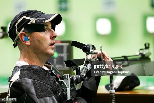 Michael Johnson of New Zealand competes in the R4 Mixed 10m Air Rifle Standing SH2 qualification round on day 3 of the Rio 2016 Paralympic Games at...