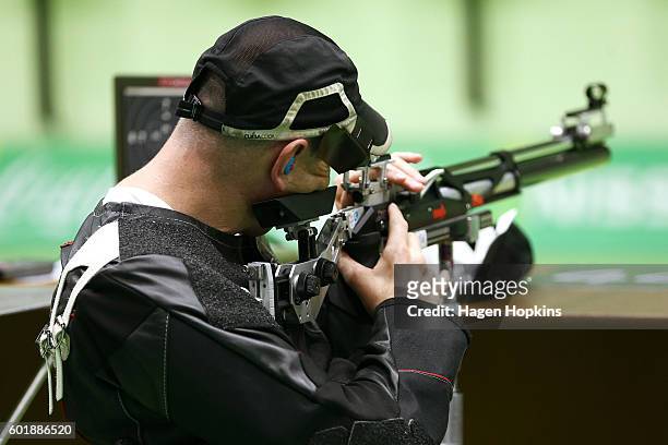 Michael Johnson of New Zealand competes in the R4 Mixed 10m Air Rifle Standing SH2 qualification round on day 3 of the Rio 2016 Paralympic Games at...
