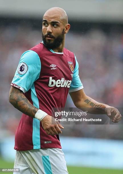 Simone Zaza of West Ham United in action during the Premier League match between West Ham United and Watford at Olympic Stadium on September 10, 2016...