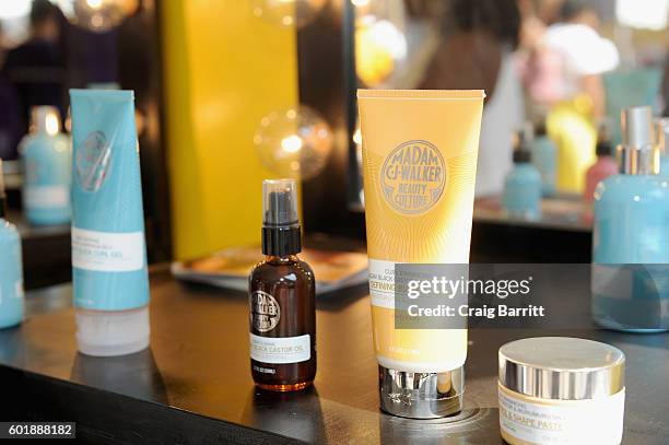 View of the Madam C.J. Walker Beauty Culture booth during the 2016 Essence Street Style Block Party at DUMBO on September 10, 2016 in Brooklyn...