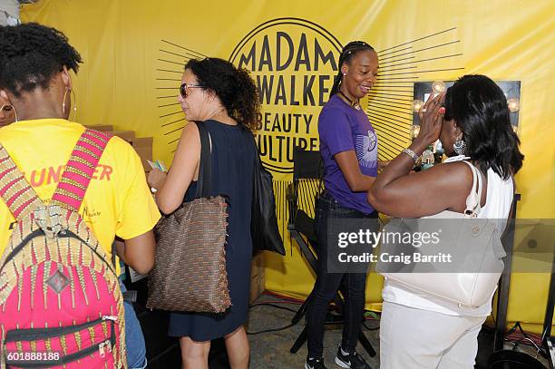 View of the Madam C.J. Walker Beauty Culture booth during the 2016 Essence Street Style Block Party at DUMBO on September 10, 2016 in Brooklyn...