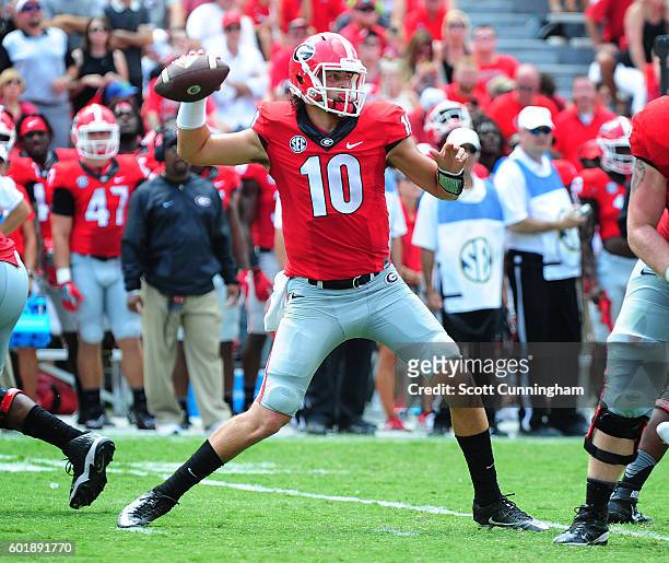 Jacob Eason of the Georgia Bulldogs passes against the Nicholls Colonels at Sanford Stadium on September 10, 2016 in Athens, Georgia.