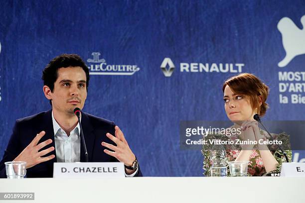 Damien Chazelle and Emma Stone attend the press conference for 'La La Land' during the 73rd Venice Film Festival at on August 31, 2016 in Venice,...