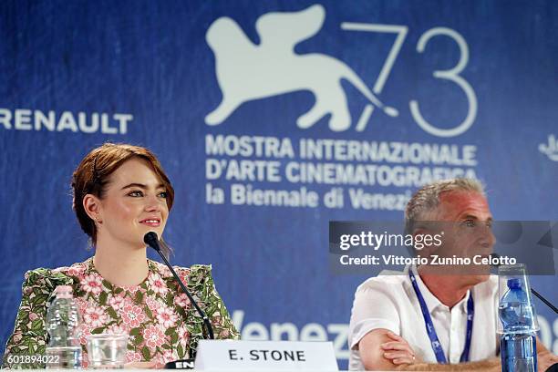 Producer Marc Platt and actress Emma Stone attend the press conference for 'La La Land' during the 73rd Venice Film Festival at on August 31, 2016 in...