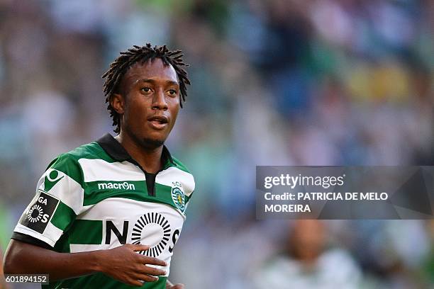 Sporting's forward Gelson Martins celebrates a goal during the Portuguese league football match Sporting CP vs Moreirense FC at the Jose Alvalade...