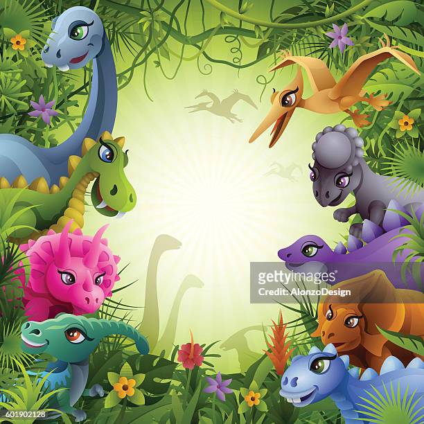 jurassic jungle mit dinosauriern - thyreophora stock-grafiken, -clipart, -cartoons und -symbole