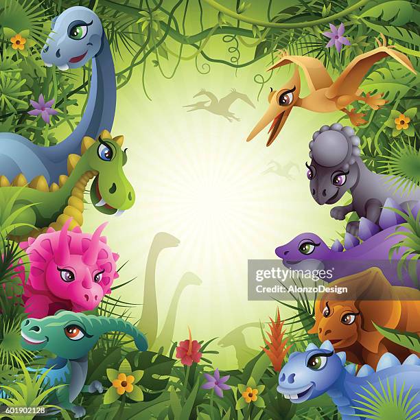 stockillustraties, clipart, cartoons en iconen met jurassic jungle with dinosaurs - hadrosaurid