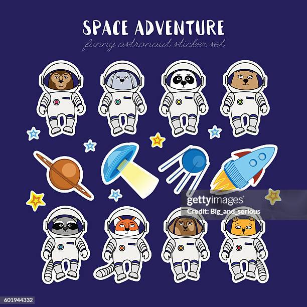 Set of cute animal astronauts, rocket satellite UFO stars cosmos