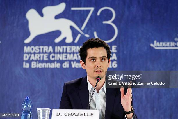 Director Damien Chazelle attends the press conference for 'La La Land' during the 73rd Venice Film Festival at on August 31, 2016 in Venice, Italy.