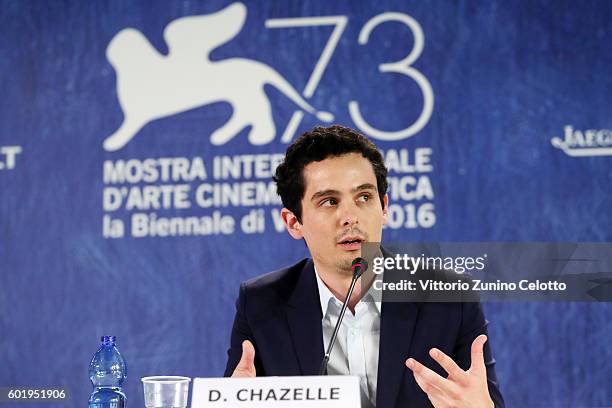 Director Damien Chazelle attends the press conference for 'La La Land' during the 73rd Venice Film Festival at on August 31, 2016 in Venice, Italy.