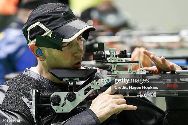 Michael Johnson of New Zealand competes in the R4 Mixed 10m Air Rifle Standing SH2 final on day 3 of the Rio 2016 Paralympic Games at Olympic...