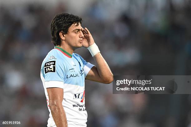 Bayonne's Argentinian fullback Martin Bustos Moyano reacts during the French Top 14 rugby union match between Bordeaux-Bergles and Bayonne on...