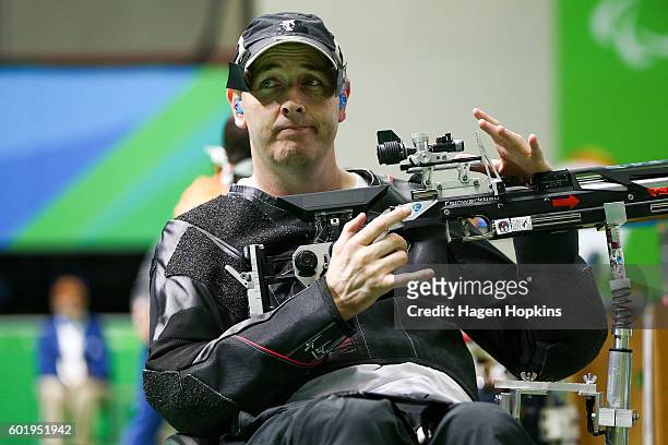 Michael Johnson of New Zealand competes in the R4 Mixed 10m Air Rifle Standing SH2 final on day 3 of the Rio 2016 Paralympic Games at Olympic...