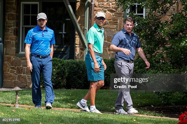 President Barack Obama arrives to play a round of golf at Caves Valley Golf Club September 10, 2016 in Owings Mills, Maryland. Caves Valley is a...