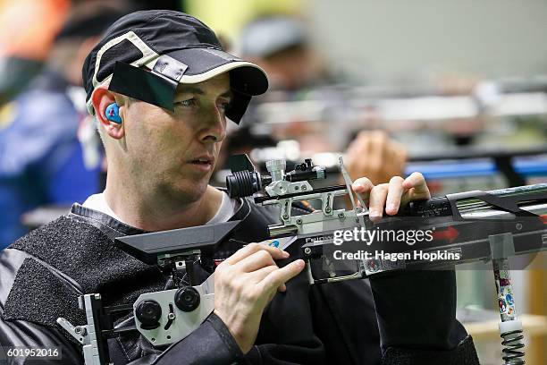 Michael Johnson of New Zealand competes in the R4 Mixed 10m Air Rifle Standing SH2 final on day 3 of the Rio 2016 Paralympic Games at Olympic...