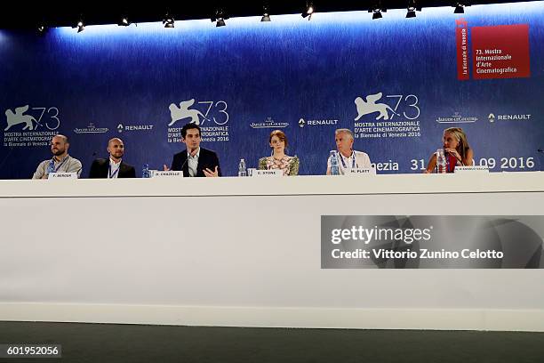 Jordan Horowitz, Fred Berger, Damien Chazelle, Emma Stone, Marc Platt and Giulia D'Agnolo Vallan attend the press conference for 'La La Land' during...