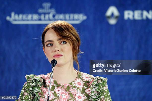 Actress Emma Stone attends the press conference for 'La La Land' during the 73rd Venice Film Festival at on August 31, 2016 in Venice, Italy.