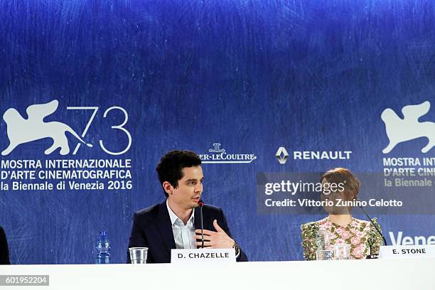 Damien Chazelle and Emma Stone attend the press conference for 'La La Land' during the 73rd Venice Film Festival at on August 31, 2016 in Venice,...