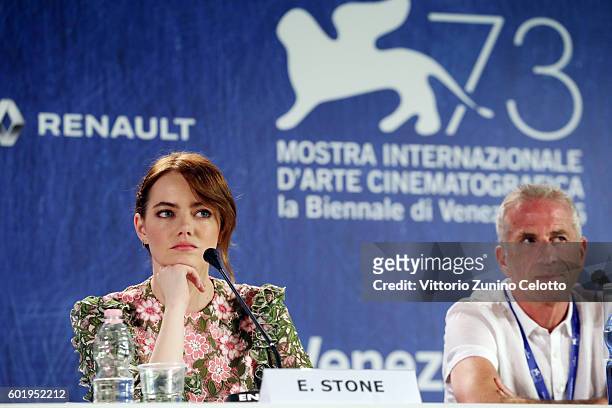 Actress Emma Stone and producer Marc Platt attend the press conference for 'La La Land' during the 73rd Venice Film Festival at on August 31, 2016 in...
