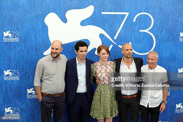 Producer Jordan Horowitz, director Damien Chazelle, actress Emma Stone, producers Fred Berger and Marc Platt attend a photocall for 'La La Land'...