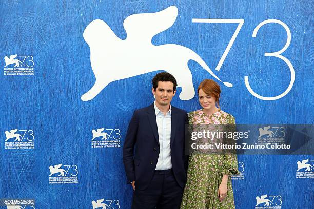 Director Damien Chazelle and actress Emma Stone attend a photocall for 'La La Land' during the 73rd Venice Film Festival at Palazzo del Casino on...