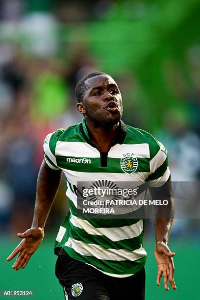 Sporting's Costa Rican forward Joel Campbell celebrates a goal during the Portuguese league football match Sporting CP vs Moreirense FC at the Jose...