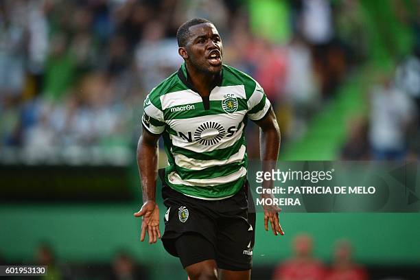 Sporting's Costa Rican forward Joel Campbell celebrates a goal during the Portuguese league football match Sporting CP vs Moreirense FC at the Jose...