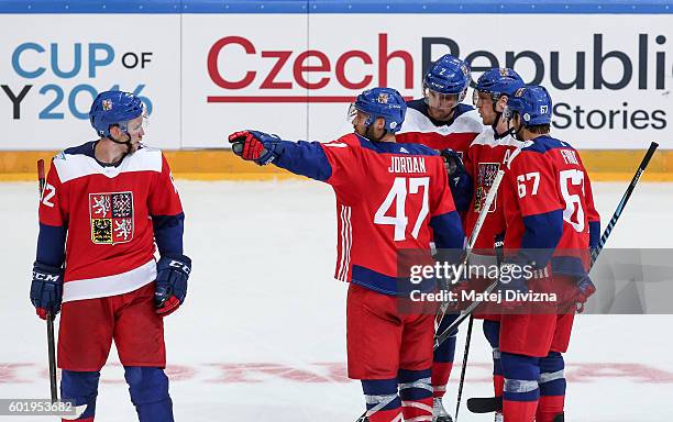 Michal Jordan of Czech Republic speaks with his team mates during the 2016 World Cup of Hockey preparation match between Czech Republic and Russia at...