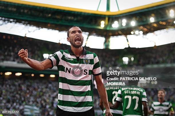 Sporting's Dutch forward Bas Dost celebrates a goal during the Portuguese league football match Sporting CP vs Moreirense FC at the Jose Alvalade...