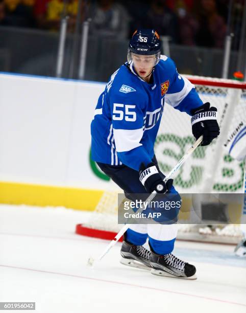 Finland's Rasmus Ristolainen reacts after his 3-1 goal during the IIHF Ice Hockey World Cup pretournament match between Sweden and Finland in...
