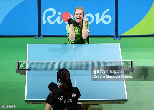 Rio , Brazil - 10 September 2016; Rena McCarron Rooney of Ireland celebrates after scoring a point during the SF1 - 2 Women's Singles Quarter Final...