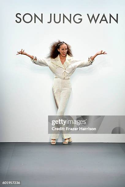 Pat Cleveland walks the runway at the Son Jung Wang Runway during New York Fashion Week: The Shows at The Dock, Skylight at Moynihan Station on...