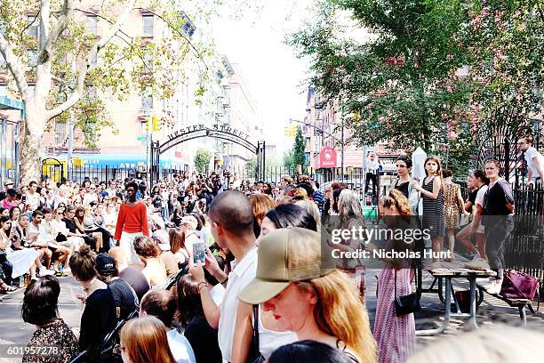 Crowd and Runway at the Eckhaus Latta spring 2017 show- Front Row - September 2016 - New York Fashion Week at Seward Park on September 10, 2016 in...