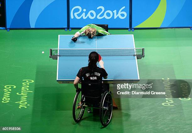 Rio , Brazil - 10 September 2016; Rena McCarron Rooney of Ireland in reacts after conceding a point during the SF1 - 2 Women's Singles Quarter Final...
