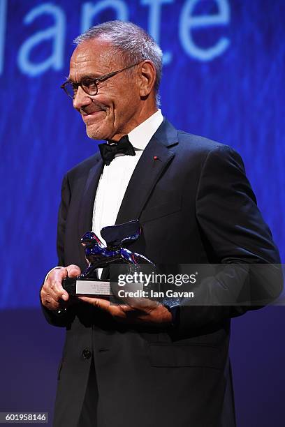 Director Andrei Konchalovsky poses with the Silver Lion for Best Director for 'Paradise' during the closing ceremony of the 73rd Venice Film Festival...