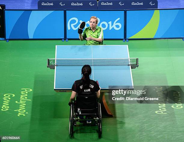 Rio , Brazil - 10 September 2016; Rena McCarron Rooney of Ireland serves during the SF1 - 2 Women's Singles Quarter Final against Su-Yeon Seo of...