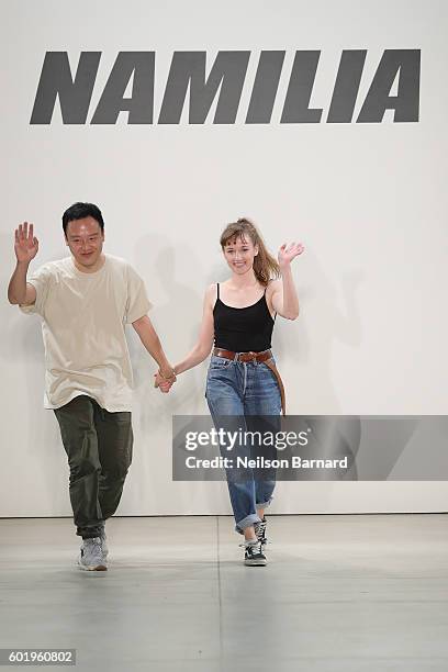 Designers Nan Li and Emilia Pfohll walks the runway at Namilia fashion show during New York Fashion Week: The Shows September 2016 at The Gallery,...