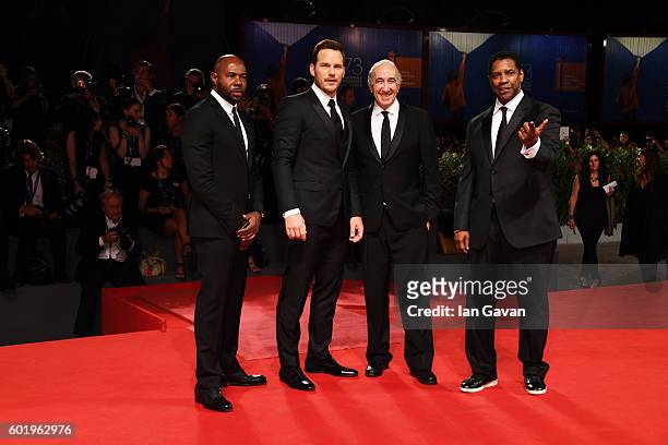 Director and executive producer Antoine Fuqua, actor Chris Pratt, Walter Mirisch and Actor Denzel Washington attend the premiere of "The Magnificent...