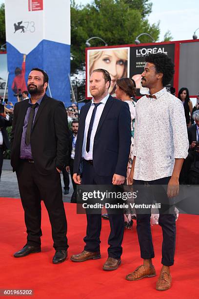 Director Ala Eddine Slim and Jawher Soudani attend the closing ceremony of the 73rd Venice Film Festival at Sala Grande on September 10, 2016 in...