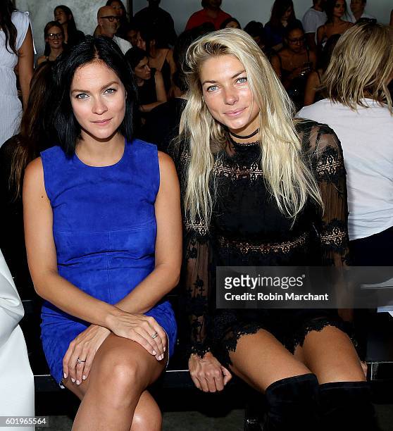 Leigh Lezark and Jessica Hart attend Dion Lee Front Row September 2016 during New York Fashion Week at Pier 59 Studios on September 10, 2016 in New...