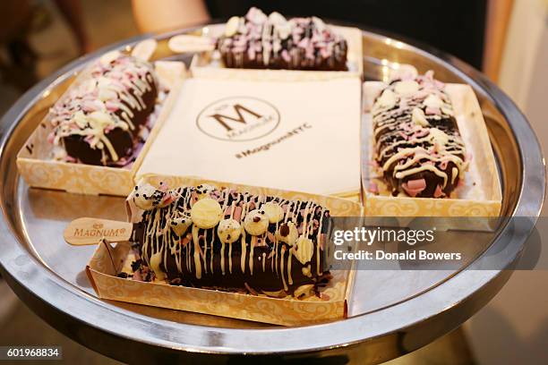 Close-up of a custom MAGNUM Ice Cream bars inspired by TRESemme and the Rebecca Minkoff Fall 2016 New York Fashion Week Show, featuring midnight...