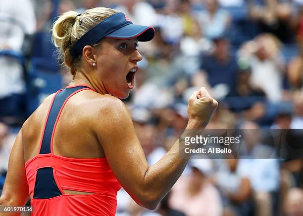 Angelique Kerber of Germany reacts against Karolina Pliskova of the Czech Republic during their Women's Singles Final Match on Day Thirteen of the...