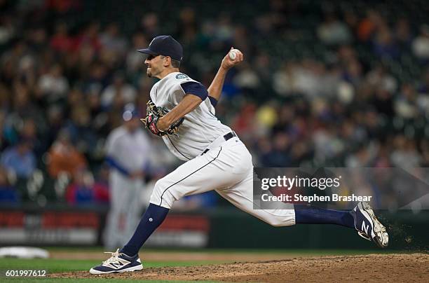 Steve Cishek of the Seattle Mariners delivers a pitch during a game against the Texas Rangers at Safeco Field on September 7, 2016 in Seattle,...