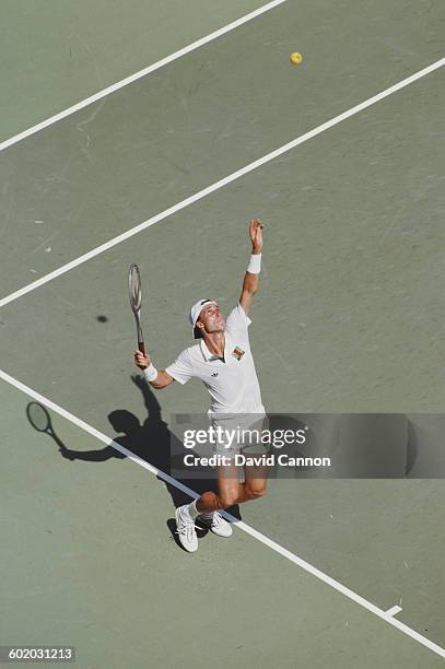 Ivan Lendl of Czechoslovakia tosses the ball into the air as he prepares to serve to Miloslav Mecir during the Men's Singles Final of the Australian...