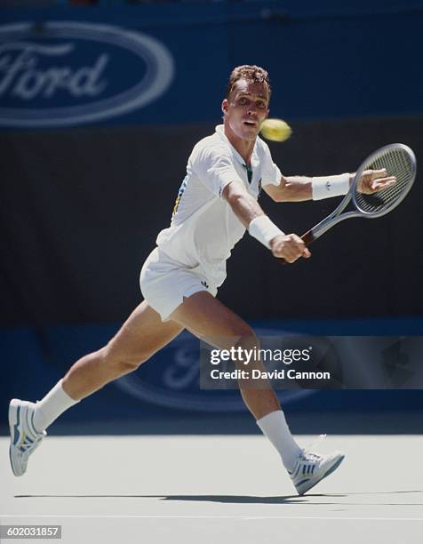 Ivan Lendl of Czechoslovakia makes a back hand retun to Miloslav Mecir during the Men's Singles Final of the Australian Open on 29 January 1989 in...